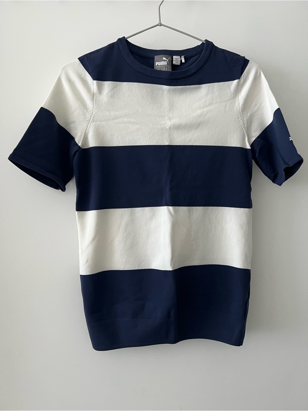 Puma Navy and White Striped Short-Sleeve Top